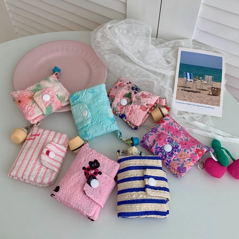 Mini Münztasche Süße Gesteppte Stoff Kartenhalter Beutel Mit Schlüsselanhänger Blumenmuster Cartoon Druckknopf Für Damen