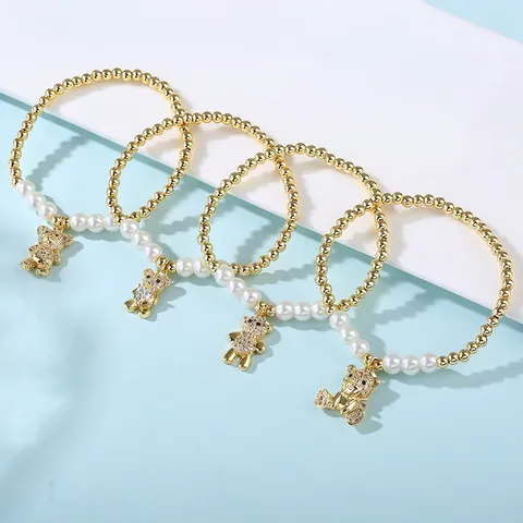 Pulsera Elástica De Cuentas Cobre Chapado En Oro Perla Artificial De Imitación Blanca Dijes De Animales Oso Koala Joyería Moda Mujer