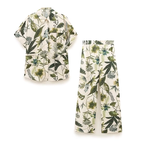 Women Tropical Floral Printed Short Sleeve Button Up Shirt And Wide Leg Pants Polyester Holiday Vacation Outfit