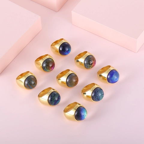 Mode Ring Oversized 316L Titanium Staal Verguld Met Kleurrijke Melkweg Glassteen Voor Vrouwen Vintage Overdreven