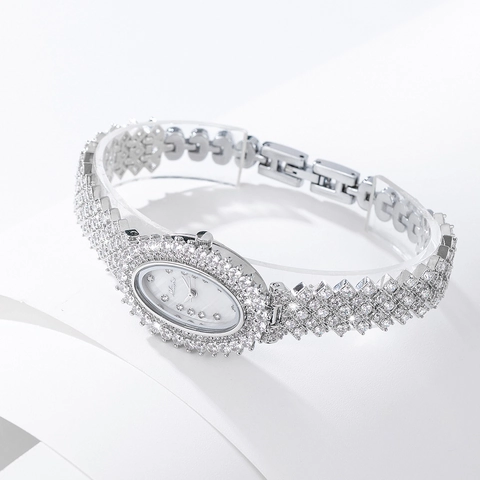 Women Quartz Watch Oval Mother Of Artificial Pearl Dial Full Rhinestone Studded Luxury Elegant Fashion Wristwatch For Party Gift