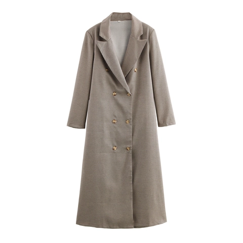 Dames Lange Blazer Jas Met Houndstooth Patroon Dubbele Knoopsgat Reverskraag Britse Stijl Herfst Winter Polyester