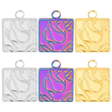 Collana Con Pendente Quadrato Acciaio Inossidabile Placcato Oro 18K Goffrato Astratto Fiore Cigno Gioielli Donna