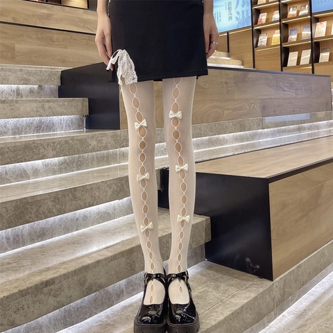 Lolita Stil Aushöhlen Netzstrumpfhose Süße Schleife Dekorative Strumpfhose JK Stil Mädchen Distressed Netzstrümpfe Für Damen