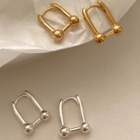 925 Sterling Silver U-Shaped Stud Earrings Industrial Style Geometric Link Ball End High Polished Minimalist For Women