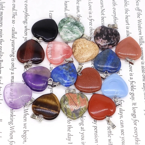 Heart Shaped Natural Stone Crystal Pendant Necklace Amethyst Rose Quartz Obsidian Polished For Women Girls Jewelry Gift