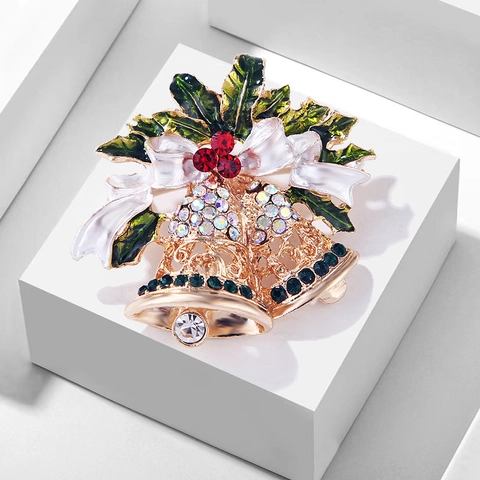 Spilla Campane di Natale per Donna in Lega d'Oro Strass Smalto Fiocco Foglia di Agrifoglio Spille Festive Gioielli Regalo