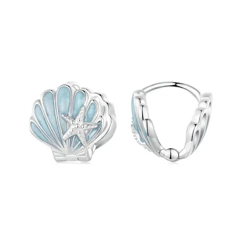 925 Sterling Silver Shell Hoop Earrings With Blue Enamel And Starfish Marine Style Summer Jewelry For Women