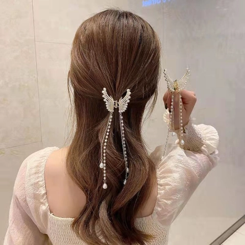 Pinza Per Capelli Ali D'Angelo Farfalla Con Strass Perla Artificiale Nappa Lega D'Oro Elegante Donna