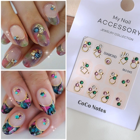 5D Relief Nagelaufkleber Bunte Strasssteine Goldlegierung Geometrische Rahmen Wasserdicht DIY Maniküre Dekor Für Damen