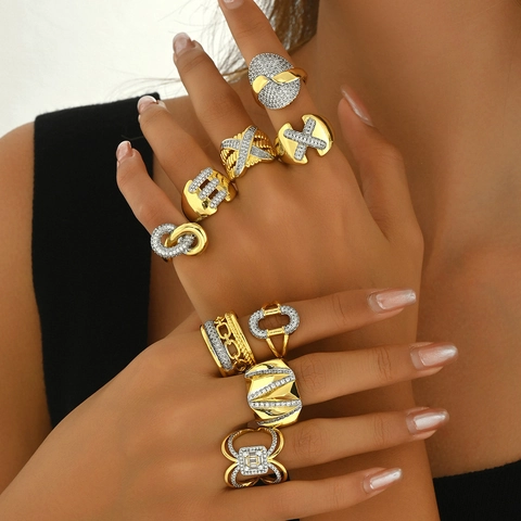 Women Fashion Copper Rings Rhinestone Micro-Inlaid Two-Tone Electroplated Adjustable Open Rings Light Luxury Jewelry For Daily Party