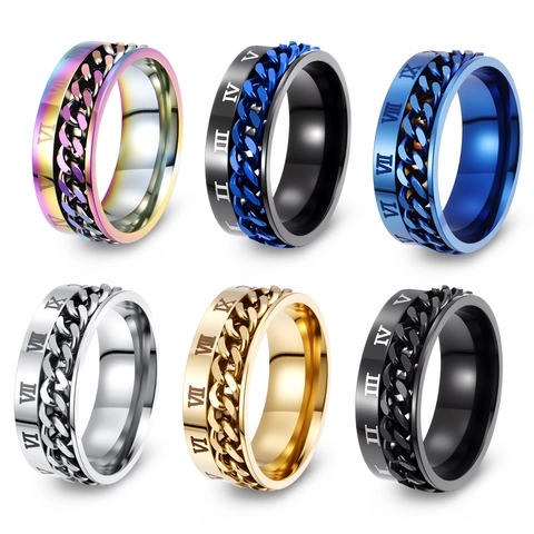 Anello Spinner Da Uomo Acciaio Inossidabile Numeri Romani Catena Rotante Sollievo Ansia Fascia Punk Gioielli Stress