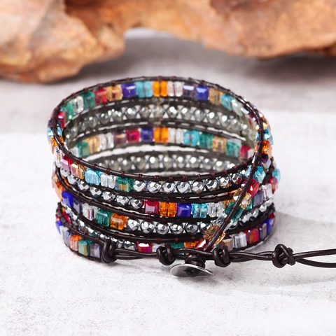 Bracciale Avvolgente Multistrato Bohemien Occhio Di Tigre Pietra Naturale Cristallo Di Vetro Cordino In Pelle Cerata Donne