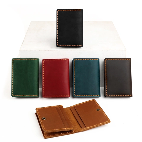 Vintage Genuine Cowhide Leather Card Holder RFID Blocking Retro Handmade Card Case Wallet For Men Women Snap Closure
