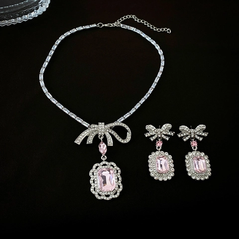 Bowknot Pink Square Crystal Necklace And Earrings With 925 Sterling Silver Earring Post Luxury Fashion Jewelry For Women