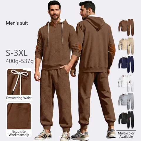 Herren Kapuzenpullover Und Hose Casual Trainingsanzug Waffelstruktur Jacquard Geometrischer Hoodie Jogger Mit Ellbogenflicken