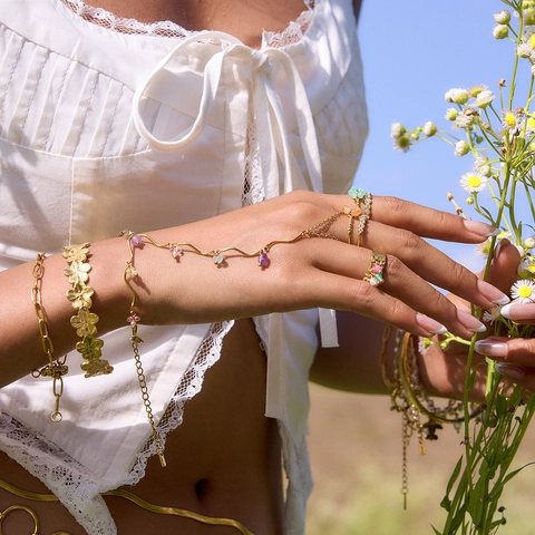 Bracciale Ad Anello In Acciaio Inossidabile E Cerchio Fiore Con Pietre Colorate Perla Artificial Finta Placcato Oro Gioielli Boho Donna