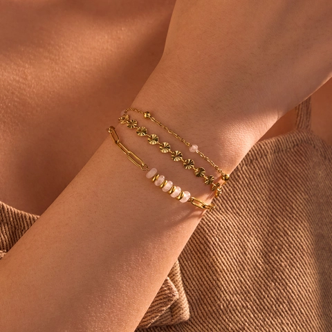 Fashion Gold Multi-Layer Stacked Stainless Steel Bracelet With Natural Stone White Beads Disc Pendant Women Jewelry