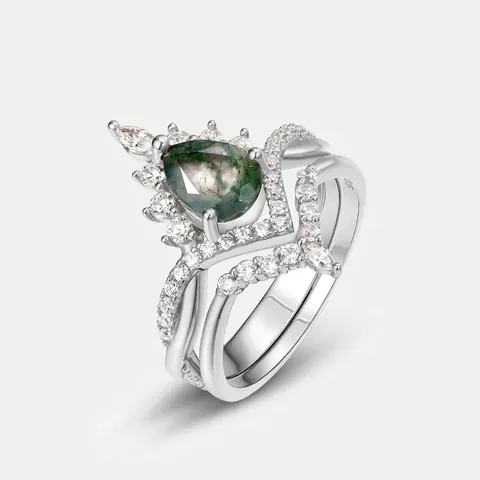 Vintage 925 Sterlingsilber Moosachat Ring Für Damen Vergoldet Kronenform V-Form Pave Zirkonia Verlobung Hochzeit Schmuck
