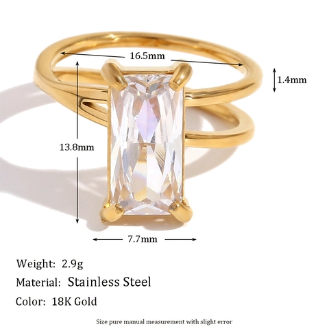 18K Gold Plated Stainless Steel Ring With Rectangular Zircon Asymmetric Double Layer Band Elegant Geometric For Women