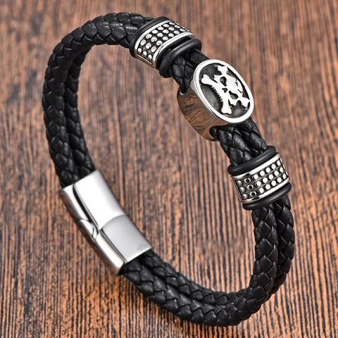 Pulsera De Cuero Genuino Trenzado Para Hombre Con Cierre Magnético De Acero Inoxidable Cruz Calavera Estrella De David Joyería Punk