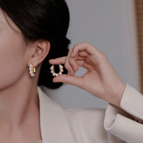 Orecchini a Cerchio con Perle Artificiali a Forma di U Vintage Francese per Donna Eleganti Gioielli Minimalisti in Lega