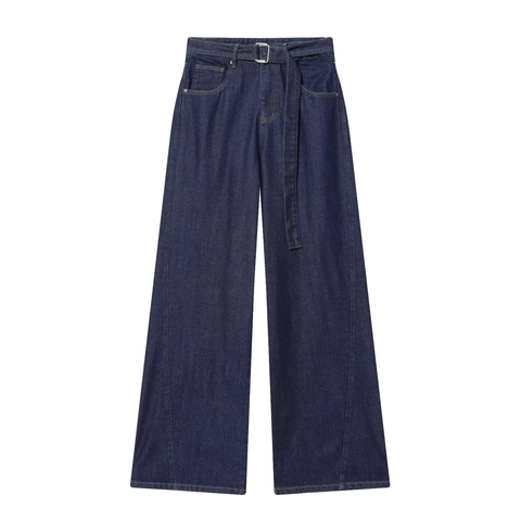 Women High Waist Wide Leg Jeans Dark Blue Denim Cotton Pants With Belt Casual Vintage Style Contrast Stitching