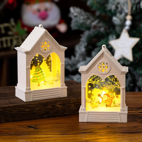 Christmas House LED Lantern Night Light Ornament Plastic Glass European Style Santa Reindeer Snowman Desktop Hanging