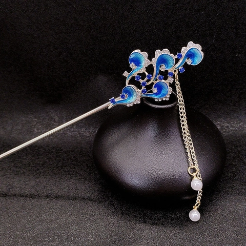 Horquilla Para El Pelo Estilo Chino Vintage Esmalte Azul Nube Aleación Borla Con Perla Artificial De Imitación Y Diamante De Imitación