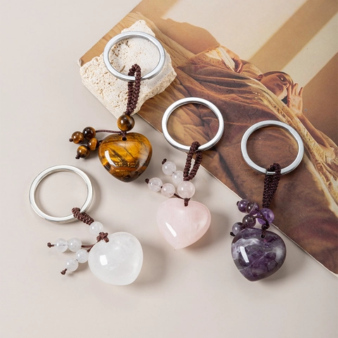 Natural Stone Heart Keychain Pendant Handmade Braided Rope Amethyst Rose Quartz Tiger Eye Obsidian Boho Style
