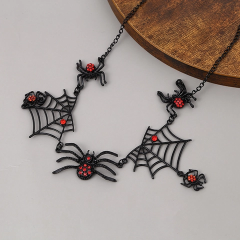 Gothic Black Alloy Spider Web Clavicle Necklace With Red Rhinestones Punk Halloween Costume Jewelry For Women
