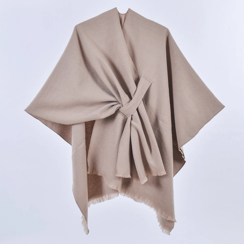 Women Faux Cashmere Shawl Poncho Tie-Up Open Front Wrap With Tassels Solid Color Striped Plaid Fashion Cape