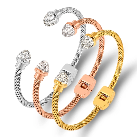 Stainless Steel Twisted Cable Wire Cuff Bracelet For Women Inlaid Rhinestone Opening Hinged Bangle Fashion Jewelry Gift