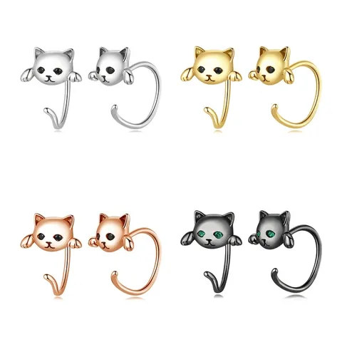 Cute Cat Animal Jewelry For Women 925 Sterling Silver Drop Earring And Adjustable Open Ring With Zircon Plated