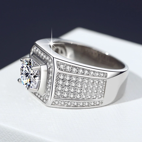 Herren Luxusring 925 Sterling Silber Moissanit Zirkon Quadratisch Pave Bling Business Schmuck