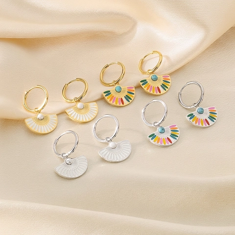 Vintage Bohemian Fan Shaped Stainless Steel Hoop Drop Earrings With Colorful Enamel Striped And Faux Turquoise For Women