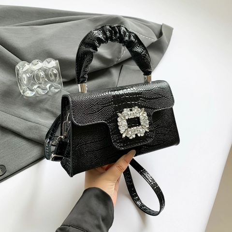Sac à Main pour Femmes en Cuir PU Motif Crocodile Boucle en Strass Poignée Plissée Sac à Bandoulière Élégant et Mode