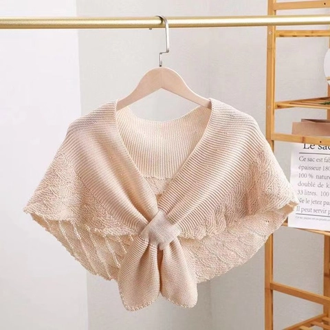 Elegante Opengewerkte Gebreide Omslagdoek voor Dames Gehaakte Schoudermantel Met Strik Decoratieve Valse Kraag Shrug