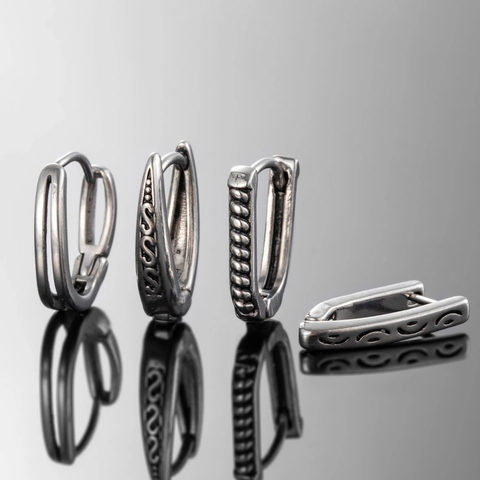 Vintage Titanium Stalen Hoop Oorbellen Voor Mannen Vrouwen Retro Gegraveerde Textuur Antiek Zilver Mode Accessoires