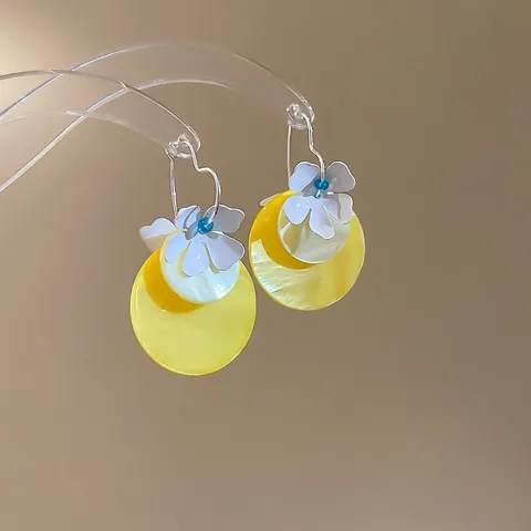 Pendientes Colgantes Flor Con Disco Redondo Concha Amarilla Y Poste De Plata De Ley 925 Estilo Vacaciones Para Mujeres