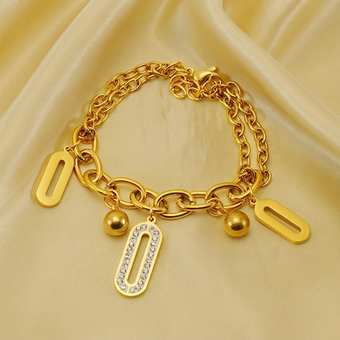Double Layer Chain Bracelet 18K Gold Plated Stainless Steel Rhinestone Oval Pendants Fashion Jewelry For Women