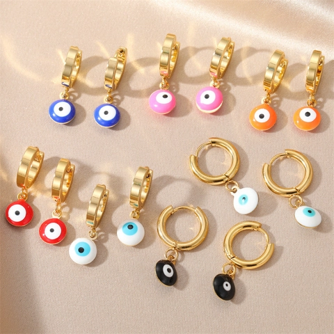 Evil Eye Hoop Earrings Stainless Steel Gold Plated Enamel Drip Oil Lucky Protection Bohemian Turkish Style For Women