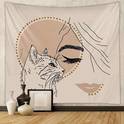 Minimalist Line Art Wall Tapestry Polyester Hanging Cloth Woman And Cat Design Boho Style Room Decoration