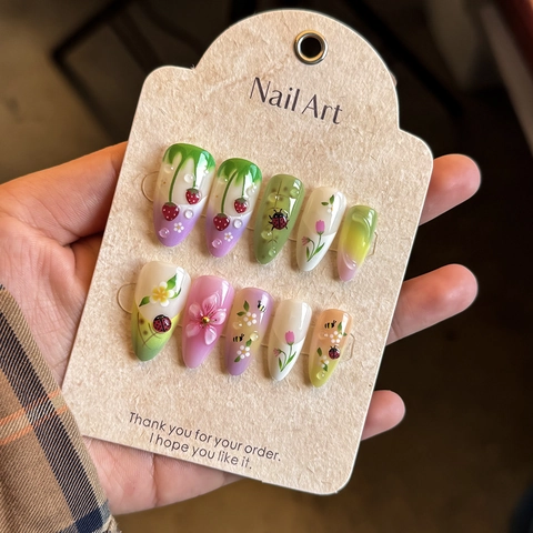Almond Press On Nails Strawberry Ladybug Flower Design Cute Pastoral Style 3D Water Drops False Nails Women Finger Art