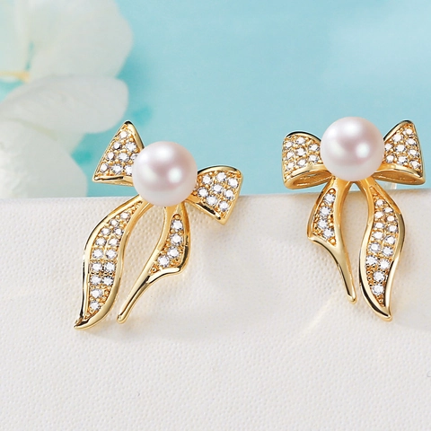 Bow Earrings With Freshwater Pearl And Zircon Accents Silver Earring Post Gold Plated Elegant Jewelry For Women