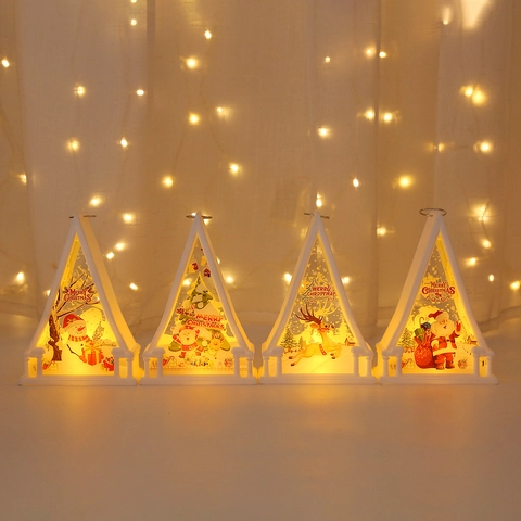 Christmas LED Lantern Night Light Plastic Glass Triangular Warm Glow Ornament Santa Snowman Elk Desktop Hanging Holiday Decor