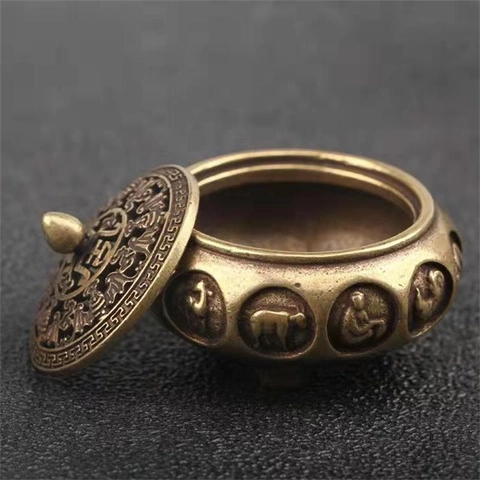 Mini Messing Weihrauchbrenner Vintage Chinesischer Stil Censer Desktop Home Dekor Hohler Deckel Tierkreis Buddha Stativ Metall Ornament