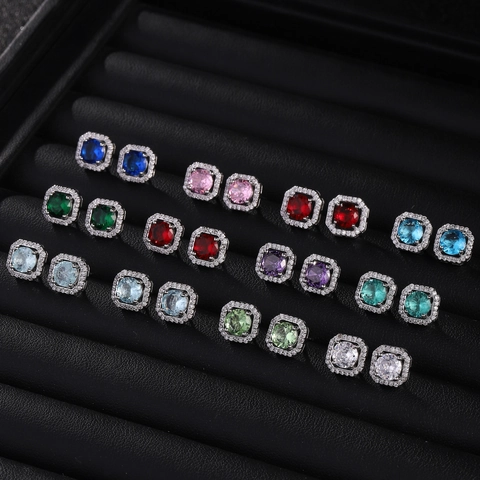 Square Halo Stud Earrings Copper Cubic Zirconia Round Gemstone Geometric Jewelry Women Stainless Steel Earring Post