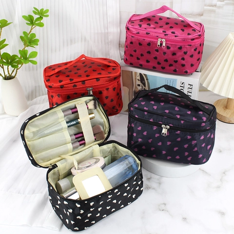 Portable Cosmetic Bag Satin Waterproof Large Capacity Travel Toiletry Organizer With Handle Heart Polka Dot Floral Pattern For Women
