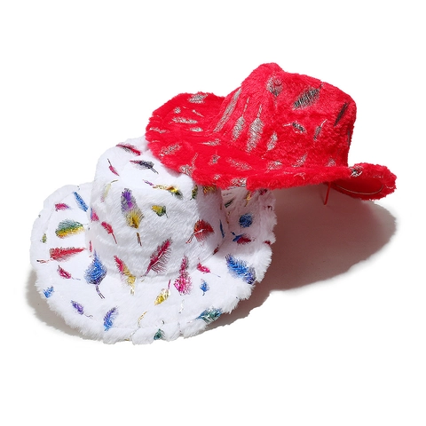 Christmas Plush Cowboy Hat Western Style Faux Fur Polyester Bronzing Feather Snowflake Pattern Festive Party Novelty